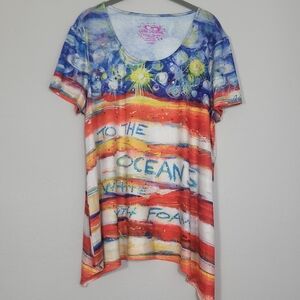 Leoma Lovegrove Ocean Graphic Print Tunic Top Size L Shark Hem Sequin Coastal